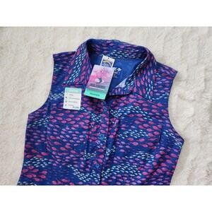 Reel Legends Mariner Sleeveless Button Down Shirt Blue Fish Pattern Womens Small